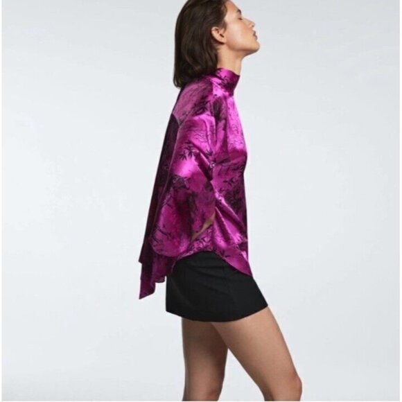 NWT ZARA FUCHSIA JACOUARD SATIN PRINTED JAPANESE BLOUSE Sz SMALL - Picture 3 of 7